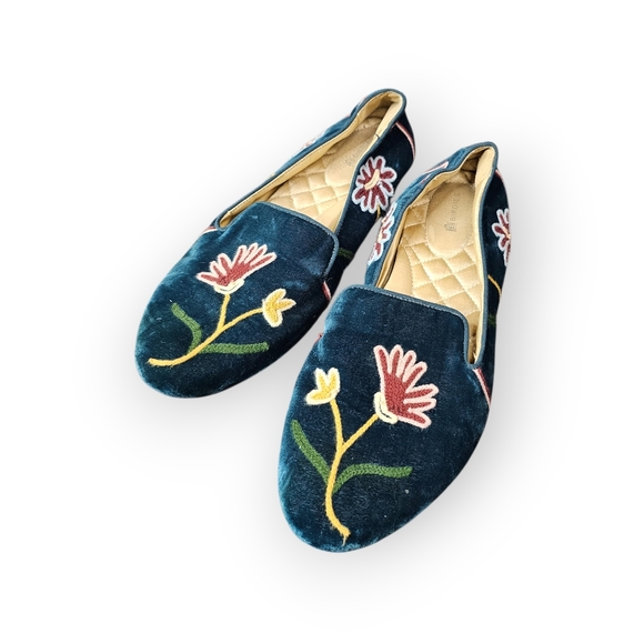 Birdies Velvet Floral Embroidered Loafer Flats Blue Womens - Picture 2 of 7